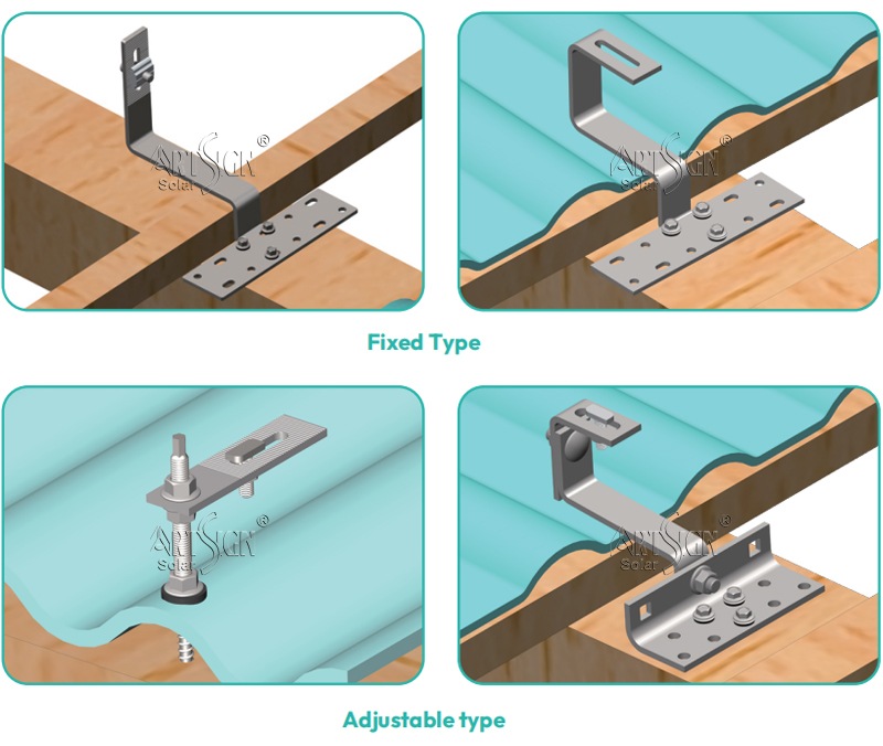 ArtSign stainless steel solar tile roof hooks for residential solar panel installation.